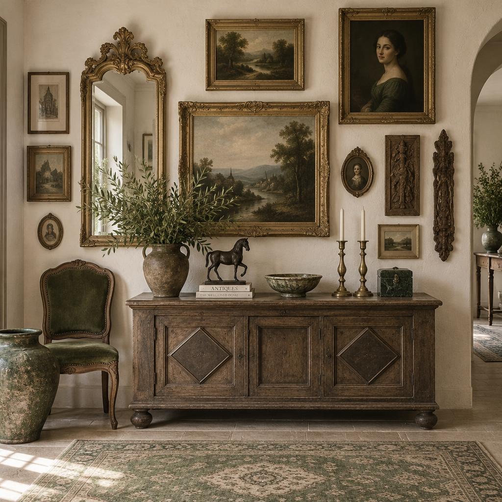 A decorated wall hung with antique paintings, a gilded mirror and curated artefacts
