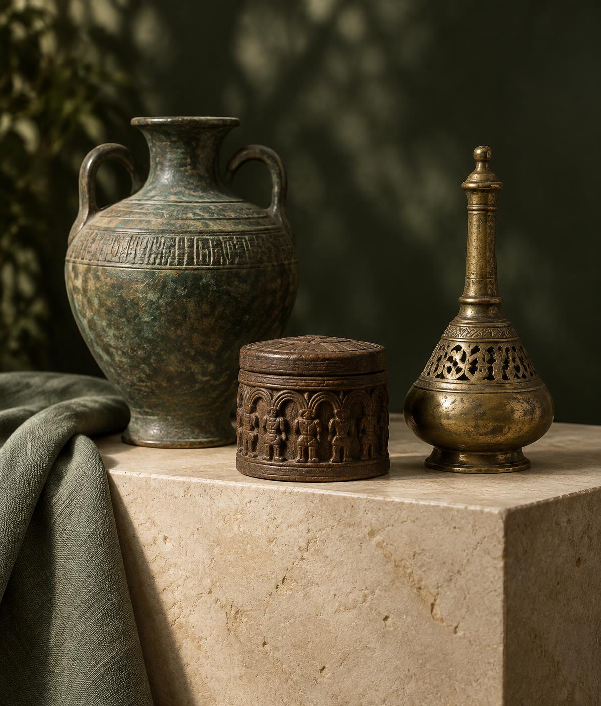 Antique bronze, brass and carved objects